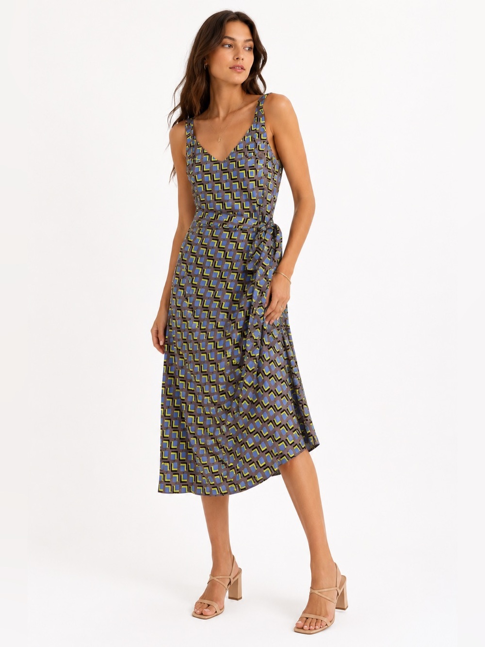 Wildfang The Empower Satin Slip Dress Geometric  Tie Waist Midi Dress NWT Medium